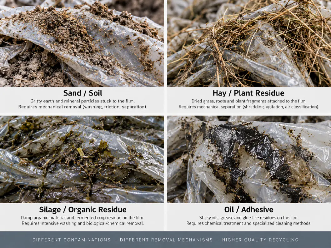 Agricultural film contaminated with sand and soil, hay and plant residue, silage residue, and oil or adhesive