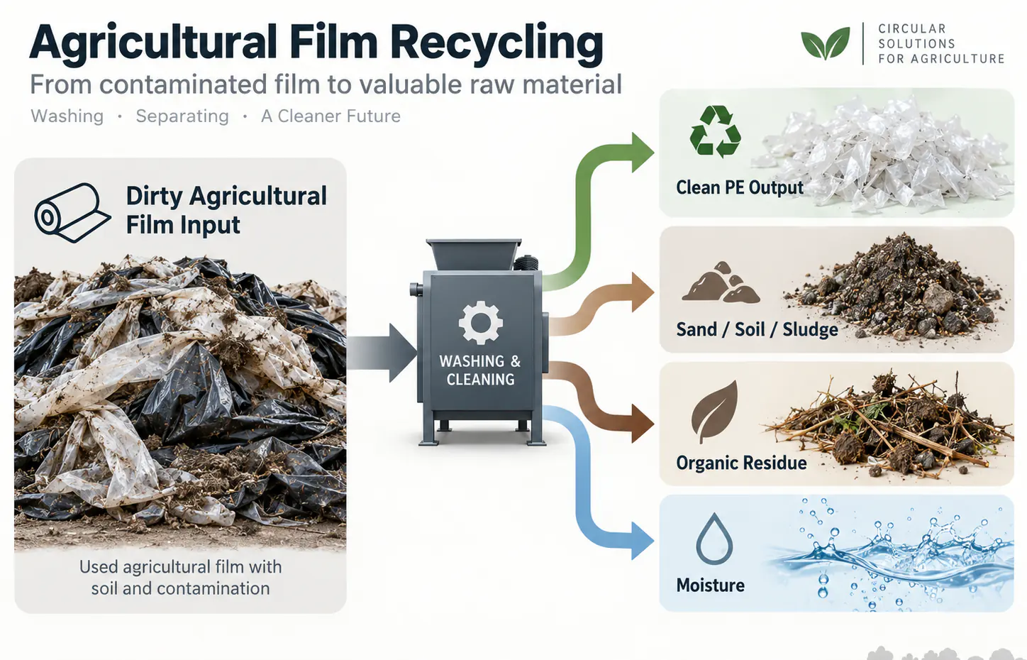 Mass-balance illustration: dirty agricultural film in, clean PE, sand and sludge, organic residue and moisture out
