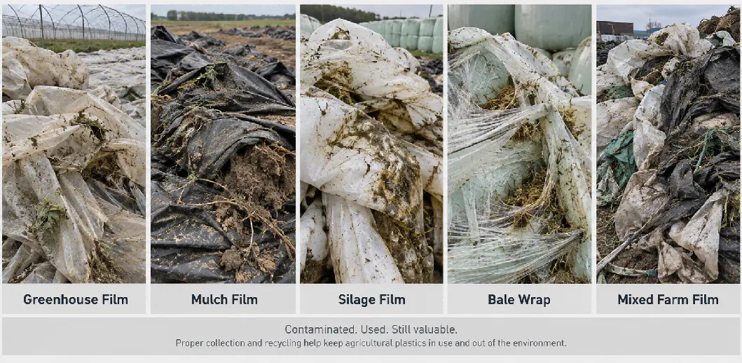 Used greenhouse film, mulch film, silage film, bale wrap and mixed farm film with soil and plant residue
