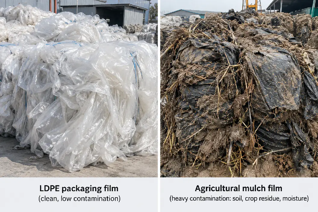 Clean LDPE packaging film bales next to agricultural mulch film covered in soil, crop residue and moisture