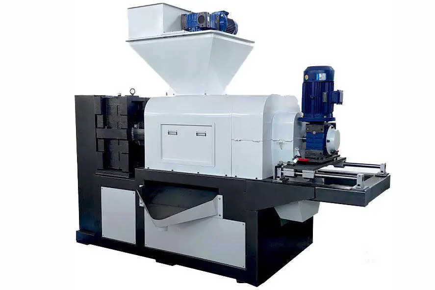 A film squeezer dries and densifies washed film to about 5% moisture before pelletizing. Plastic film squeezing dryer with feed hopper and screw drive