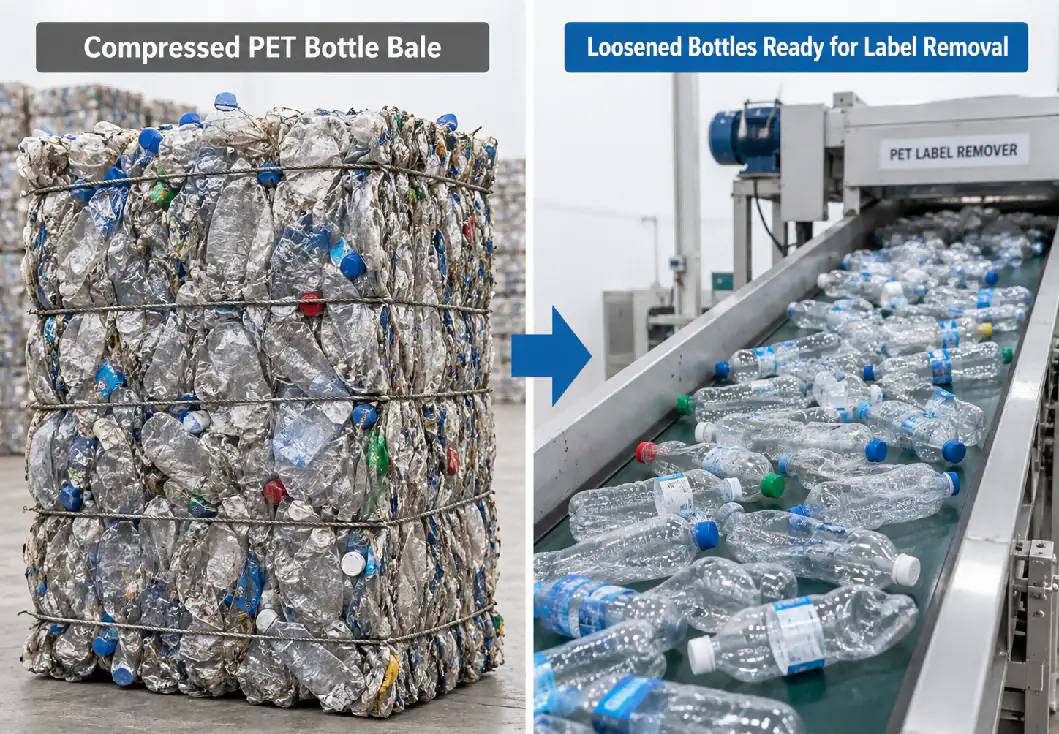 Compressed PET bottle bale next to loosened bottles on a conveyor feeding a label remover