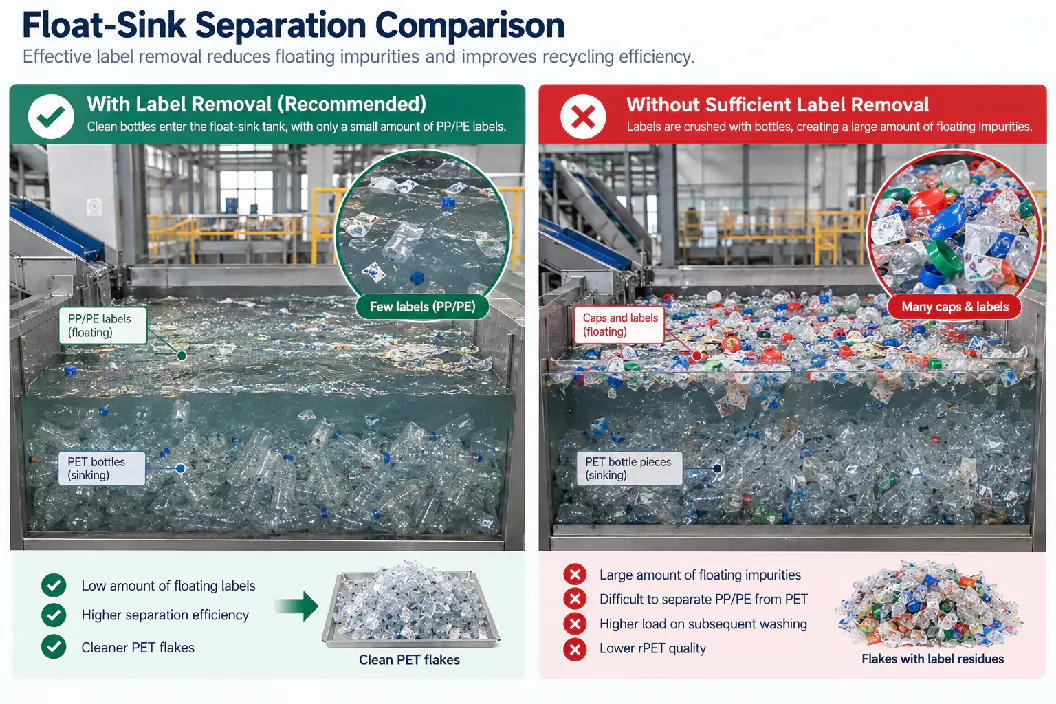 Illustration: delabeling first leaves a thin float fraction and cleaner PET; without it, labels overload the float-sink tank. Two float-sink tanks compared: few floating labels after label removal, and a thick layer of caps and labels without it
