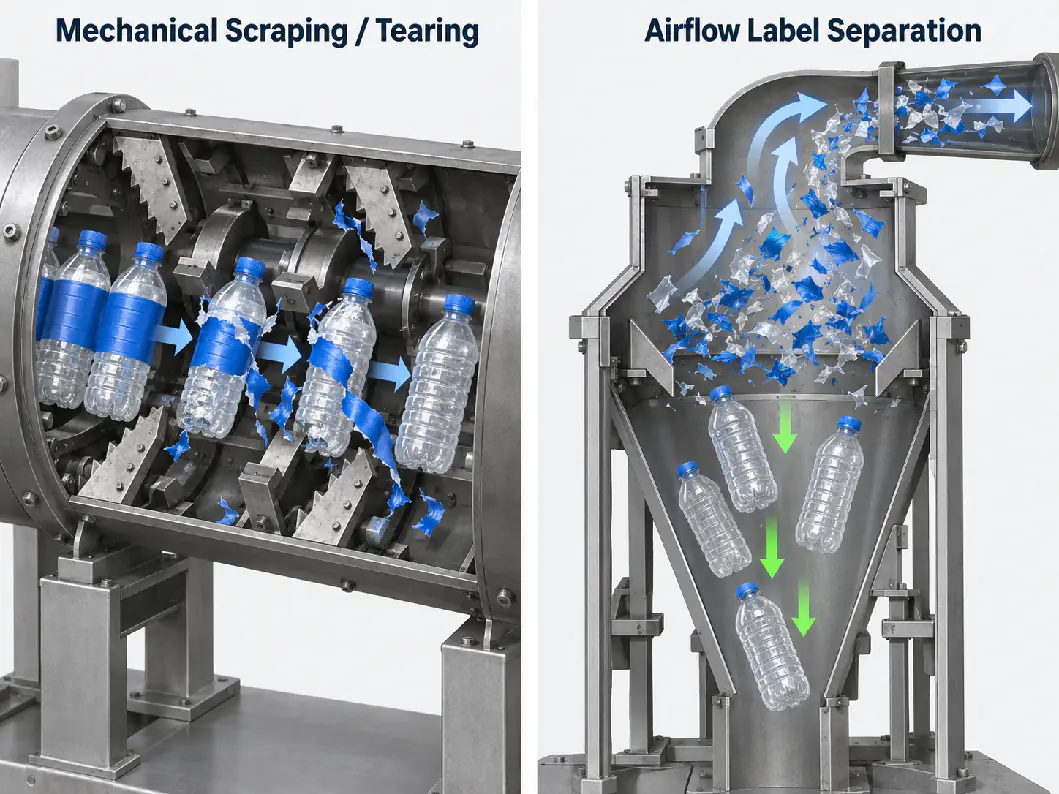 Cutaway illustration of mechanical scraping tearing labels off bottles, and an air separator lifting labels while bottles fall