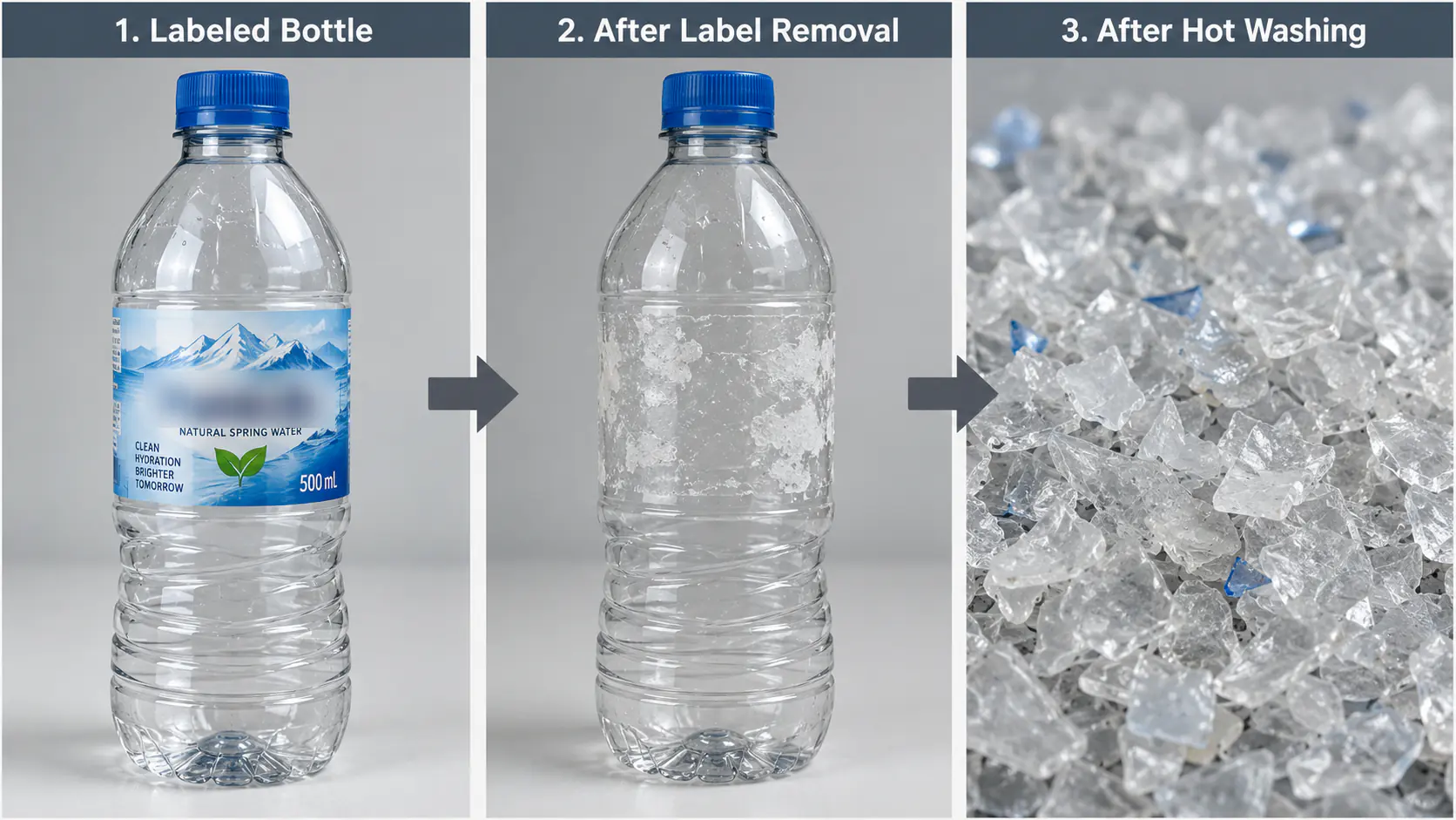 Illustration: label removal leaves glue on the bottle; hot washing and rinsing remove it. A labeled PET bottle, the same bottle with glue residue after label removal, and clean flakes after hot washing