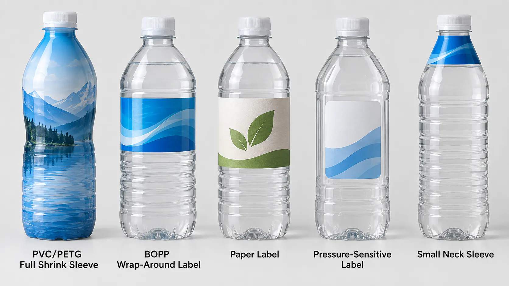 Five PET bottles with a PVC/PETG full shrink sleeve, BOPP wrap-around label, paper label, pressure-sensitive label and small neck sleeve