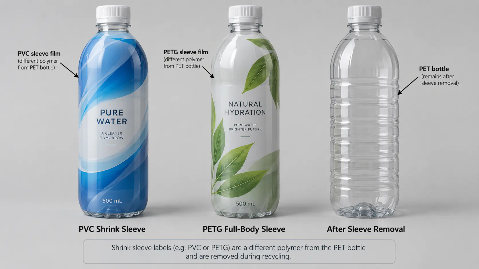 PET bottles with a PVC shrink sleeve and a PETG full-body sleeve next to a bare PET bottle after sleeve removal