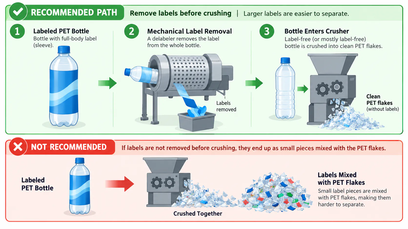 Remove labels from whole bottles; once crushed, labels become small pieces mixed through the flakes. Diagram comparing labels removed from whole bottles before crushing with labels crushed together with PET into mixed flakes