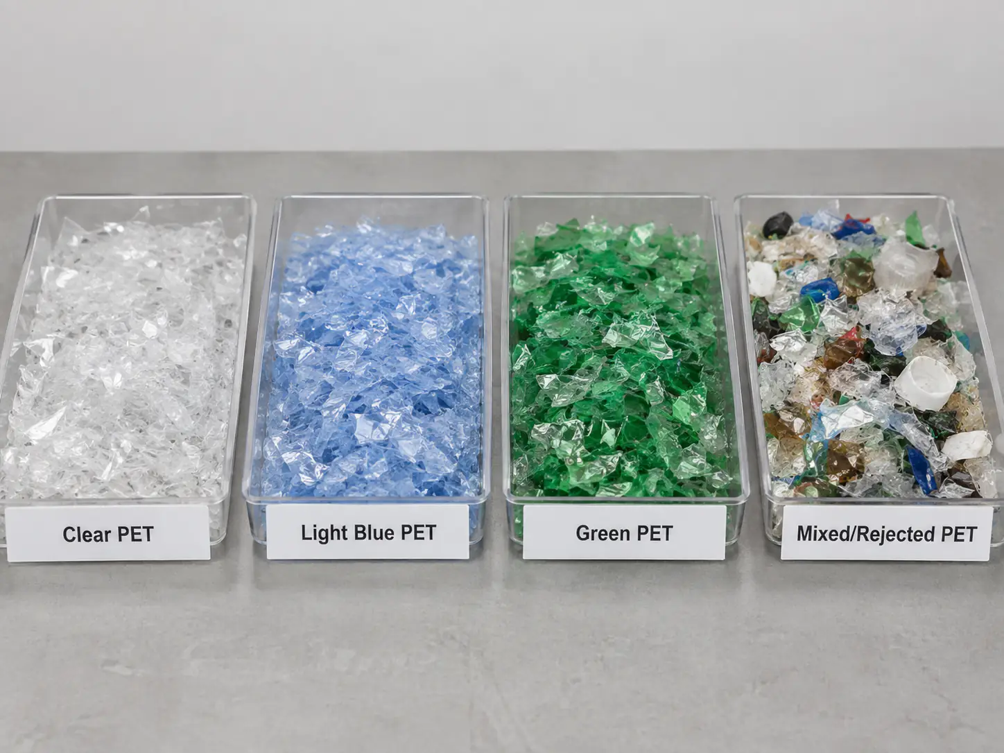 Trays of clear, light-blue, green and mixed rejected PET flakes