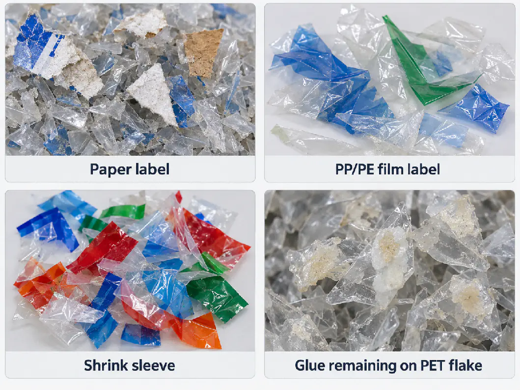 ‘Label contamination’ covers paper, PP/PE film, shrink sleeves and adhesive — each is removed by a different process step. Four label contaminants in PET flakes: paper labels, PP/PE film labels, shrink sleeves and glue remaining on PET flakes