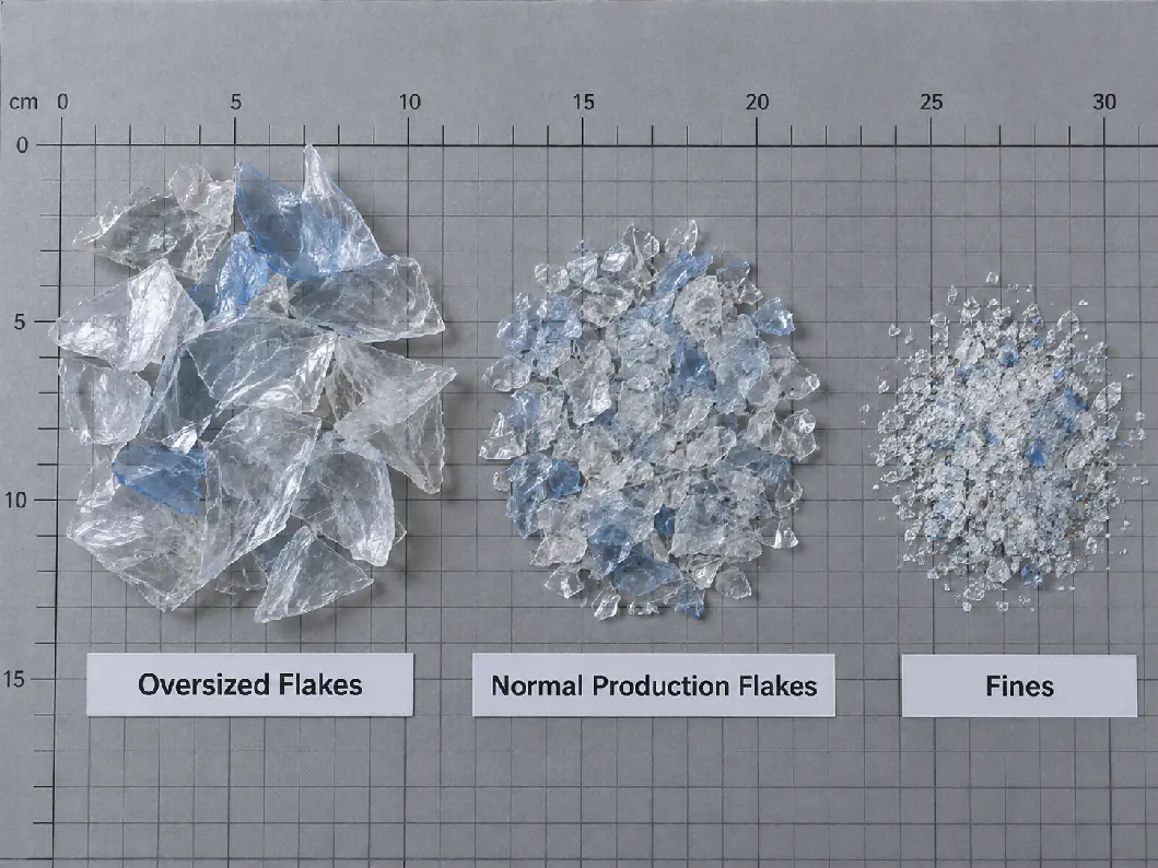 Flake size distribution depends on screen size, knife condition, wall thickness and residence time. Oversized PET flakes, normal production flakes and fines laid out on a centimeter grid