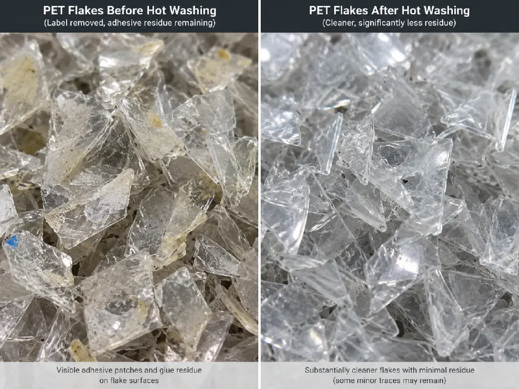 Flakes can be free of label film and still carry glue; hot washing and strong rinsing reduce the residue. PET flakes with visible adhesive residue before hot washing next to cleaner PET flakes after hot washing