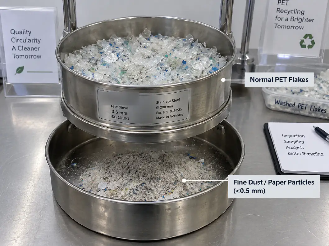 Laboratory sieve separating normal washed PET flakes from fine dust and paper particles below 0.5 mm