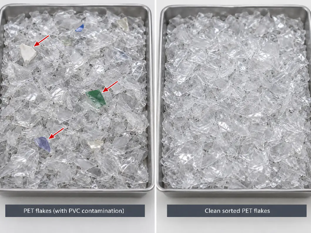PVC flakes are hard to see and cannot be removed by float-sink separation; control starts with bottle and flake sorting. PET flakes with PVC and colored contamination marked next to clean sorted PET flakes