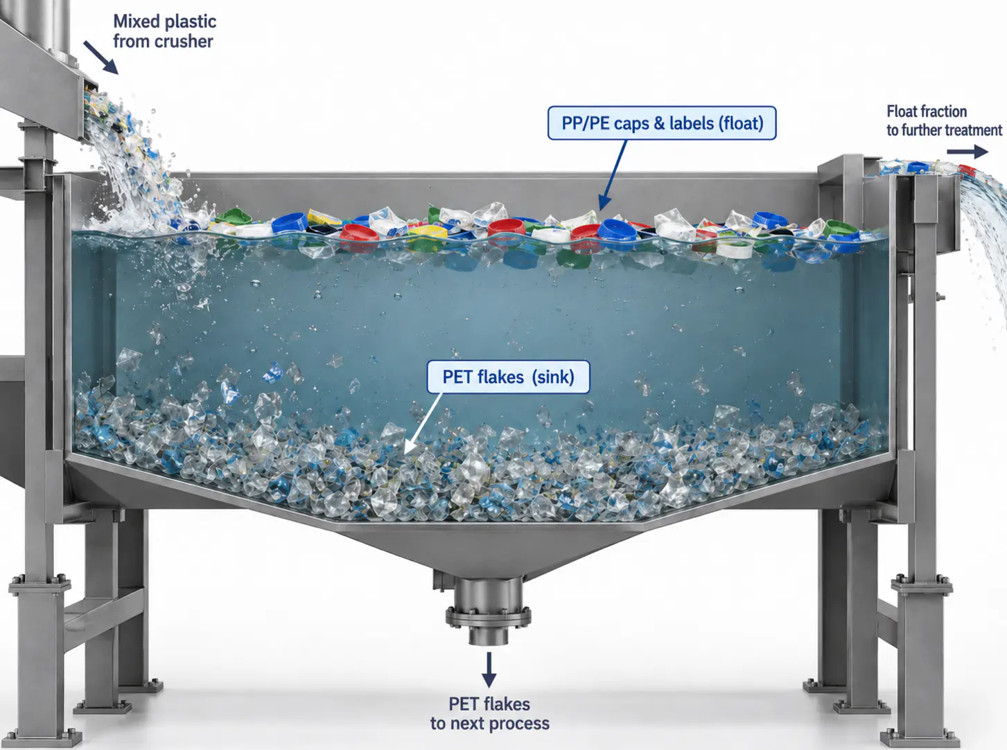 PP/PE caps and labels float while PET sinks — provided the flakes are released from each other and residence time is sufficient. Float-sink tank where PP/PE caps and labels float while PET flakes sink to the screw discharge