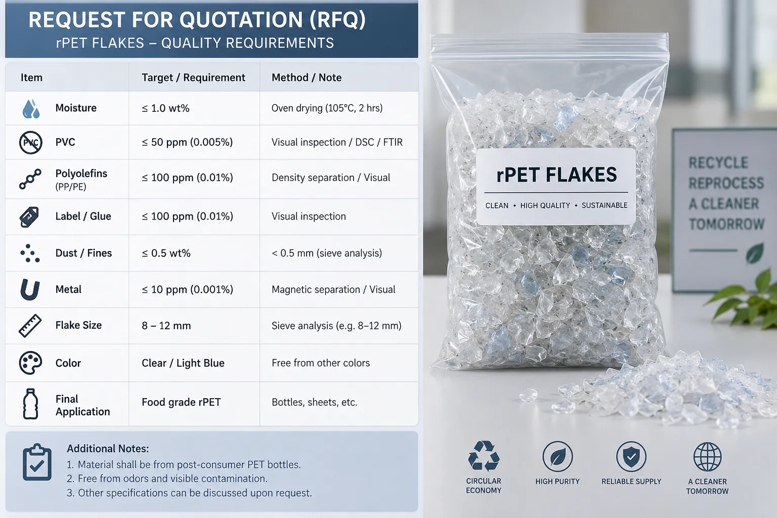 An example layout only: the values, units and test methods must be agreed with your buyer, and food-grade use requires validated decontamination beyond washing. Example rPET flakes quality specification sheet listing moisture, PVC, polyolefins, label and glue, fines, metal, flake size, color and final application