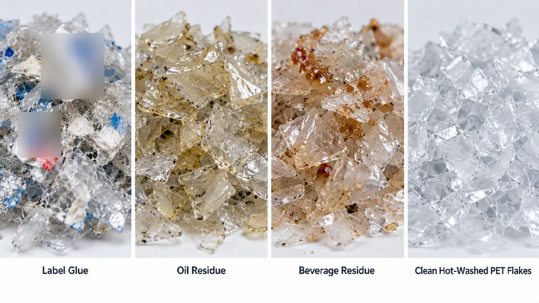 PET flakes contaminated with label glue, oil residue and beverage residue compared with clean hot-washed PET flakes