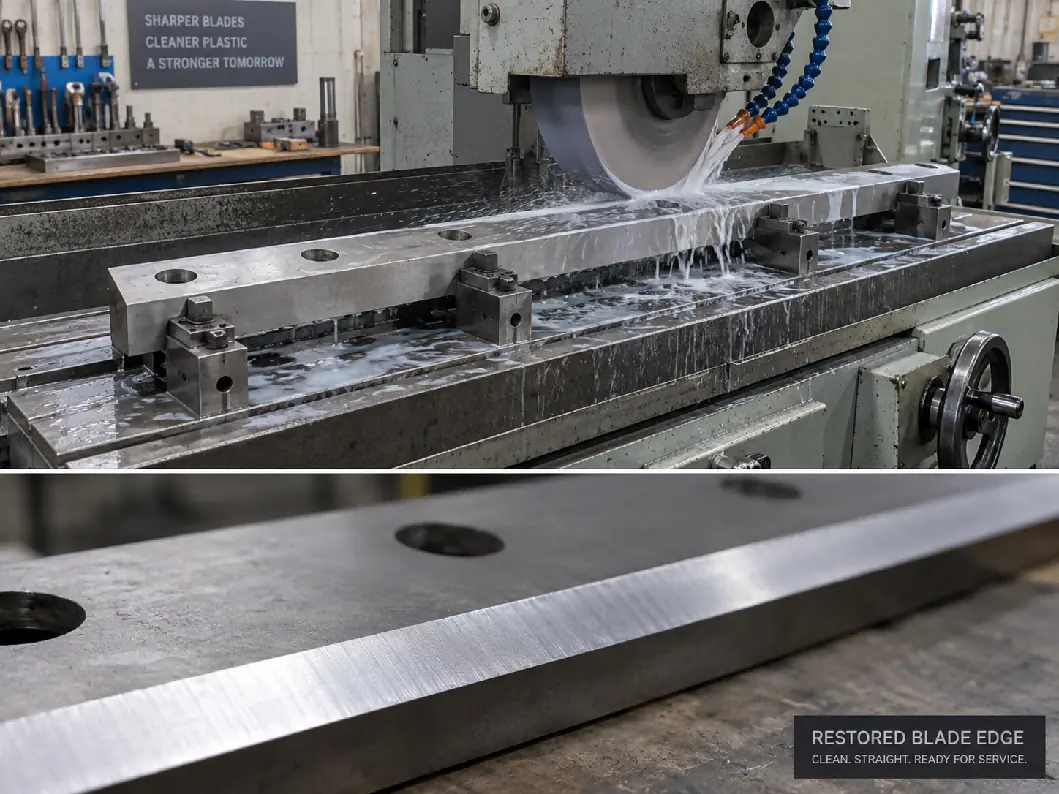 Crusher knife being reground on a surface grinder with coolant, and the restored straight cutting edge