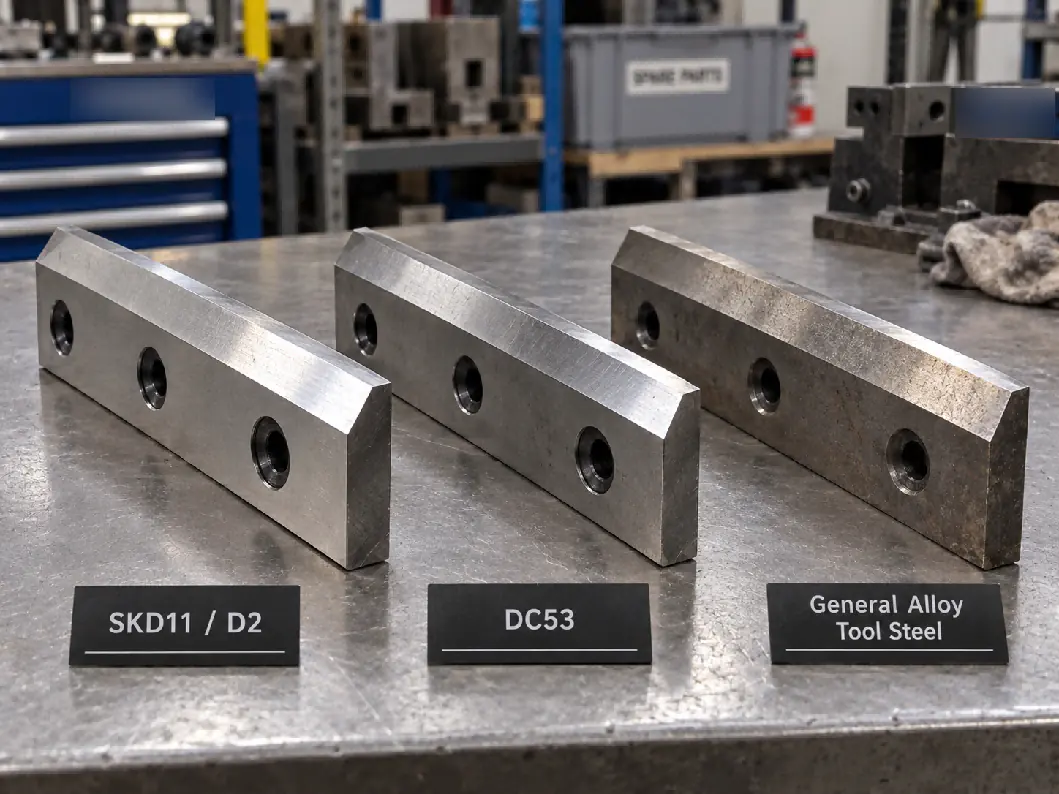 Three crusher blades labelled SKD11/D2, DC53 and general alloy tool steel