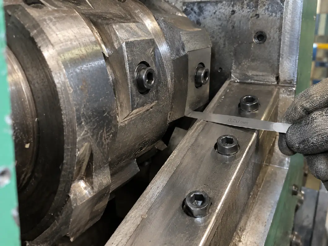 Technician checking the knife gap between moving and fixed crusher knives with a feeler gauge