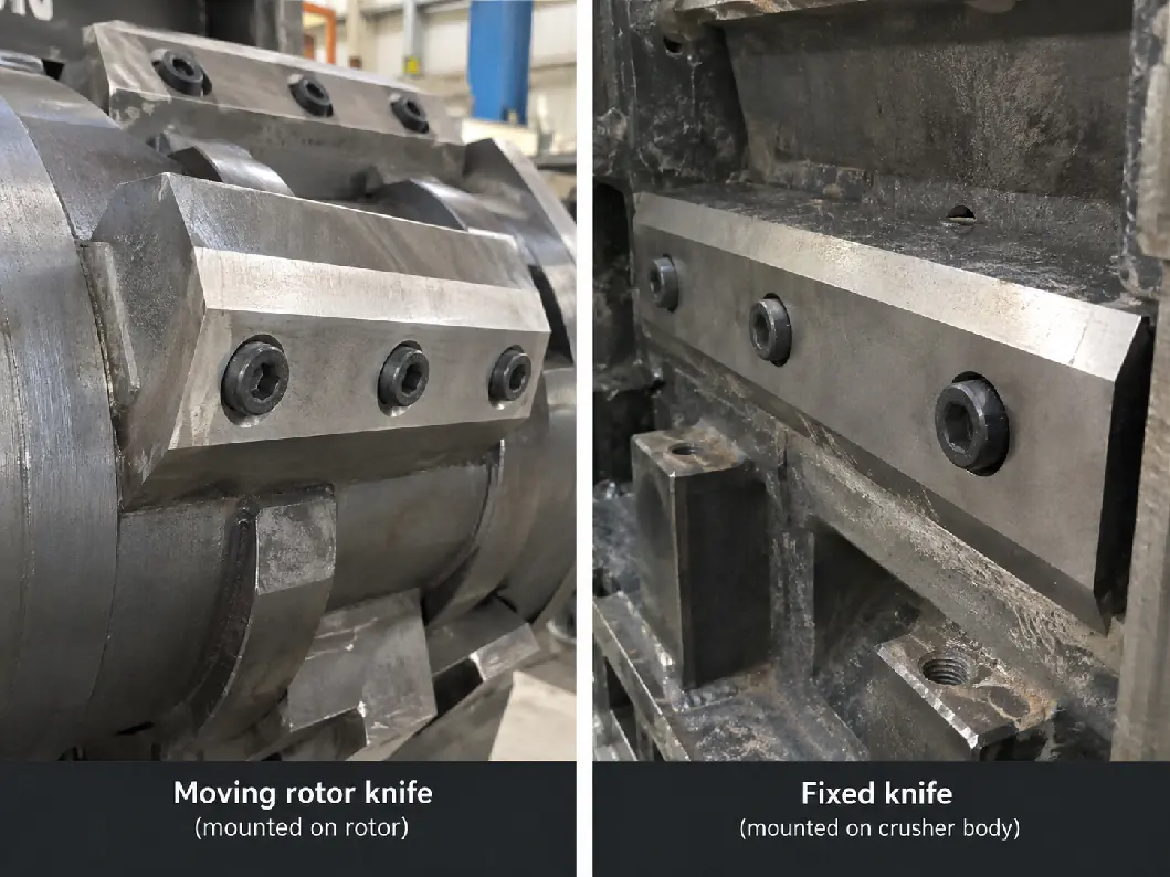 Moving knife (left) and fixed knife (right): both must stay sharp and correctly aligned. Moving rotor knife mounted on the rotor and fixed knife mounted on the crusher body