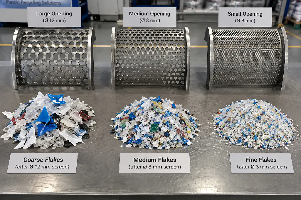 Large, medium and small crusher screens with the coarse, medium and fine flakes they produce