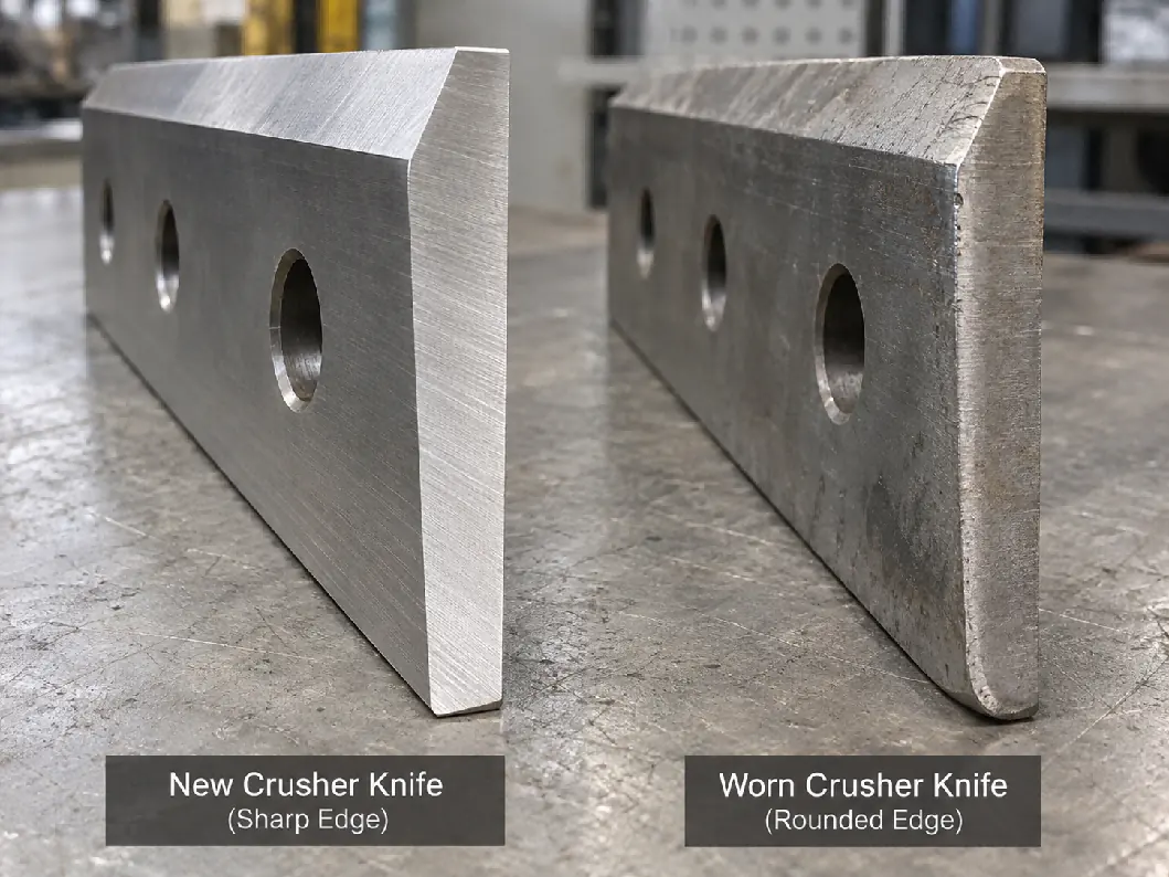 New crusher knife with a sharp edge beside a worn knife with a rounded edge