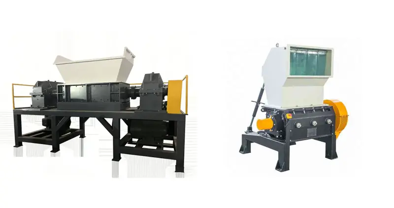 Double-shaft plastic shredder (left) and plastic crusher with feed hopper and cutting chamber (right)