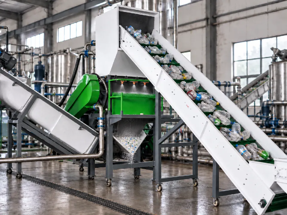 Wet crushing in a PET bottle washing line: water starts removing dirt and reduces frictional heat. PET bottles conveyed into a wet crusher in a bottle washing line