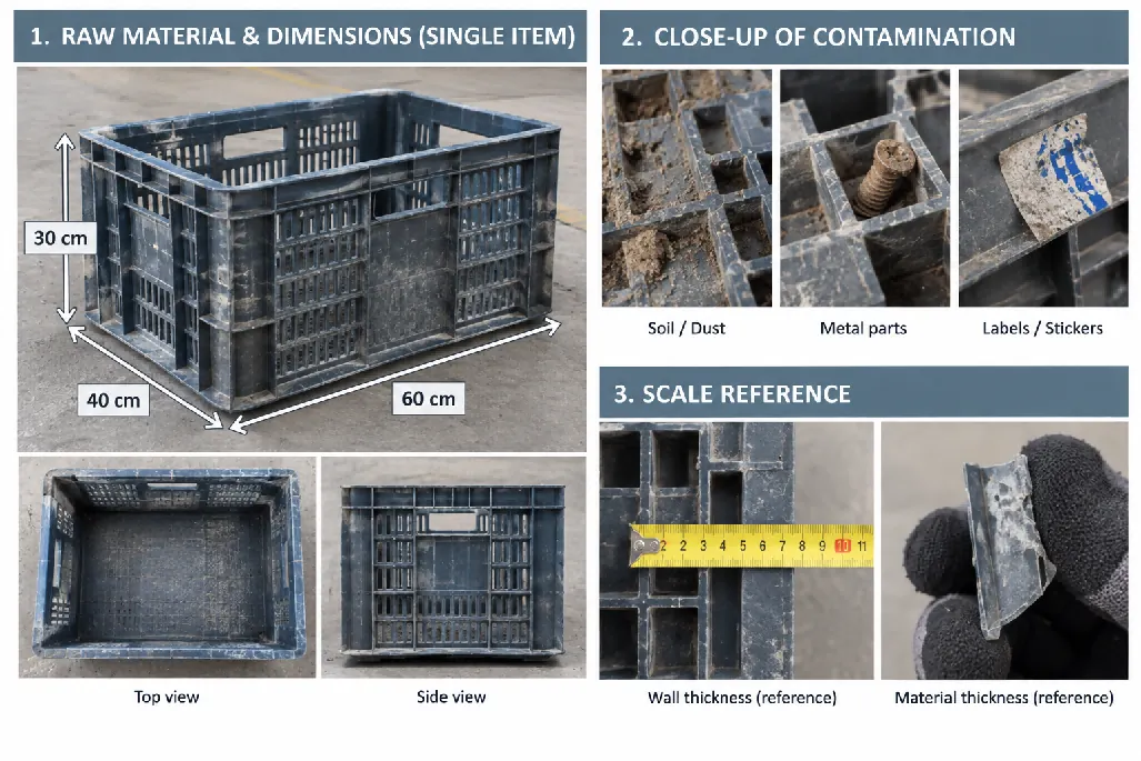 Example of the photos and measurements to send when requesting a machine recommendation. Plastic crate assessment showing dimensions, wall thickness and contamination details