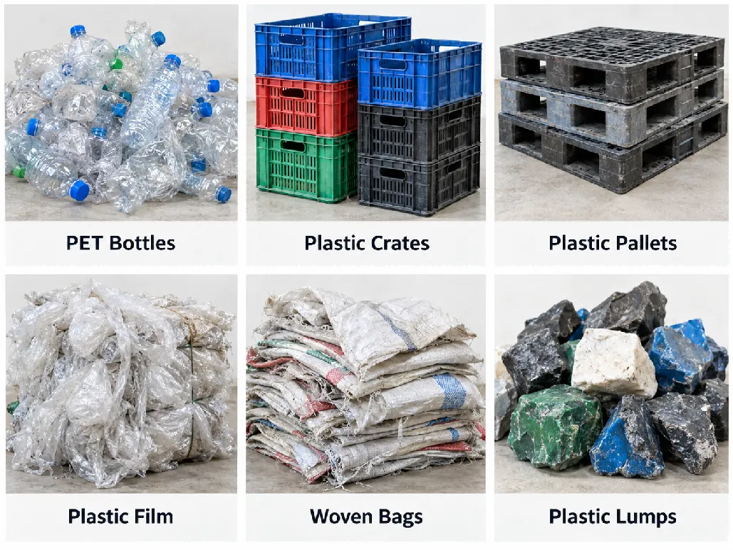 Six plastic waste forms compared: PET bottles, crates, pallets, film, woven bags and lumps