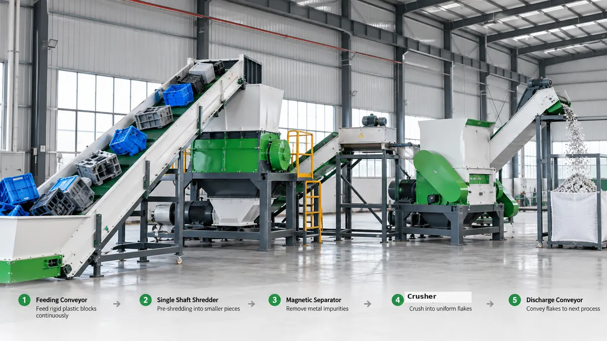 Two-stage line: the shredder handles feeding and bulk reduction, the crusher produces the final flake size. Two-stage size reduction line: feeding conveyor, single-shaft shredder, magnetic separator, crusher and discharge conveyor