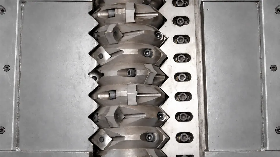 Single-shaft shredder rotor with replaceable knives, turning slowly with high torque. Single-shaft shredder rotor with replaceable knives