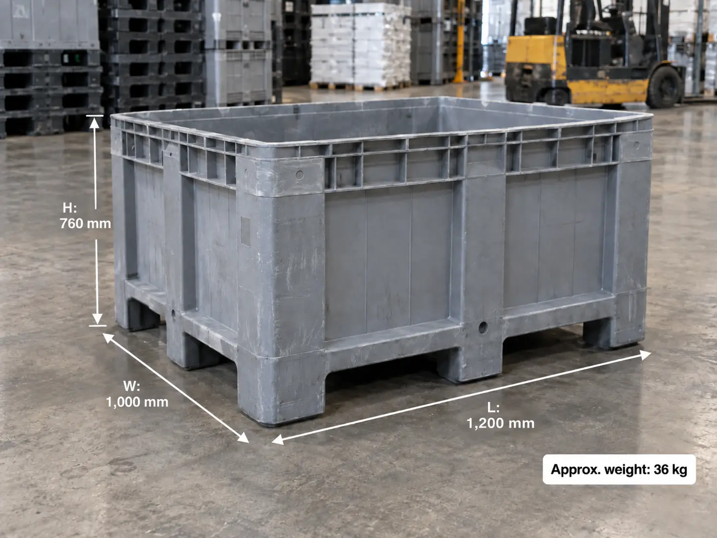 Large plastic bin measured for shredder sizing: 1,200 × 1,000 × 760 mm, approx. 36 kg