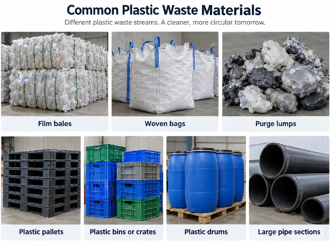 Common plastic waste forms: film bales, woven bags, purge lumps, pallets, bins, drums and large pipe