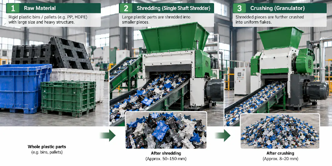 Shredder first, crusher second: each machine works in the size range it is best suited for. Two-stage size reduction: rigid bins and pallets, single-shaft shredding to 50–150 mm, crushing to 8–20 mm flakes