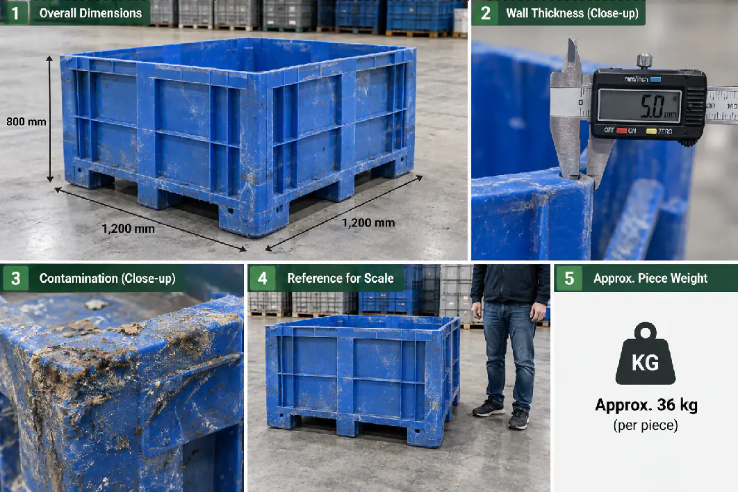Photos of dimensions, wall thickness, contamination and piece weight help the supplier recommend the right shredder. Material information for a shredder quotation: bin dimensions, wall thickness, contamination, scale and piece weight