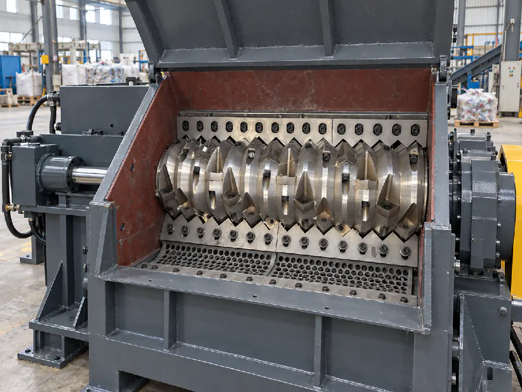 Single-shaft shredder rotor with replaceable knives, fixed counter knives and a sizing screen below. Open cutting chamber of a single-shaft shredder showing the rotor knives, counter knives and screen