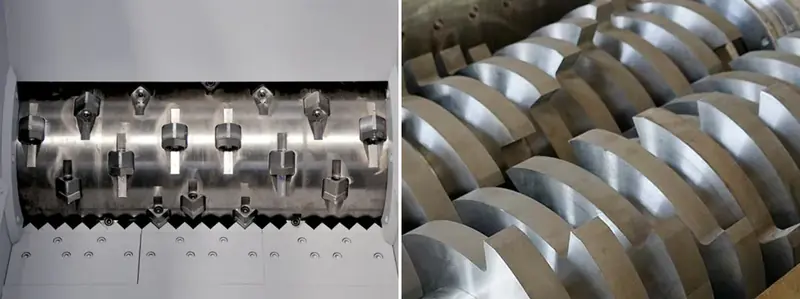 Single-shaft shredder rotor with square knives and screen (left) and intermeshing double-shaft shredder cutters (right)